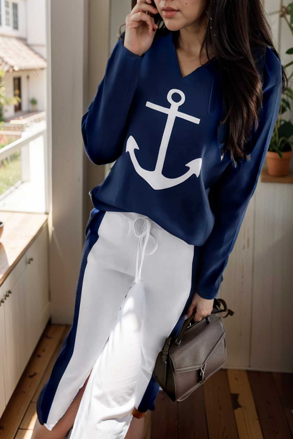 anchor print v neck long sleeve t shirt trousers two piece suit 141386