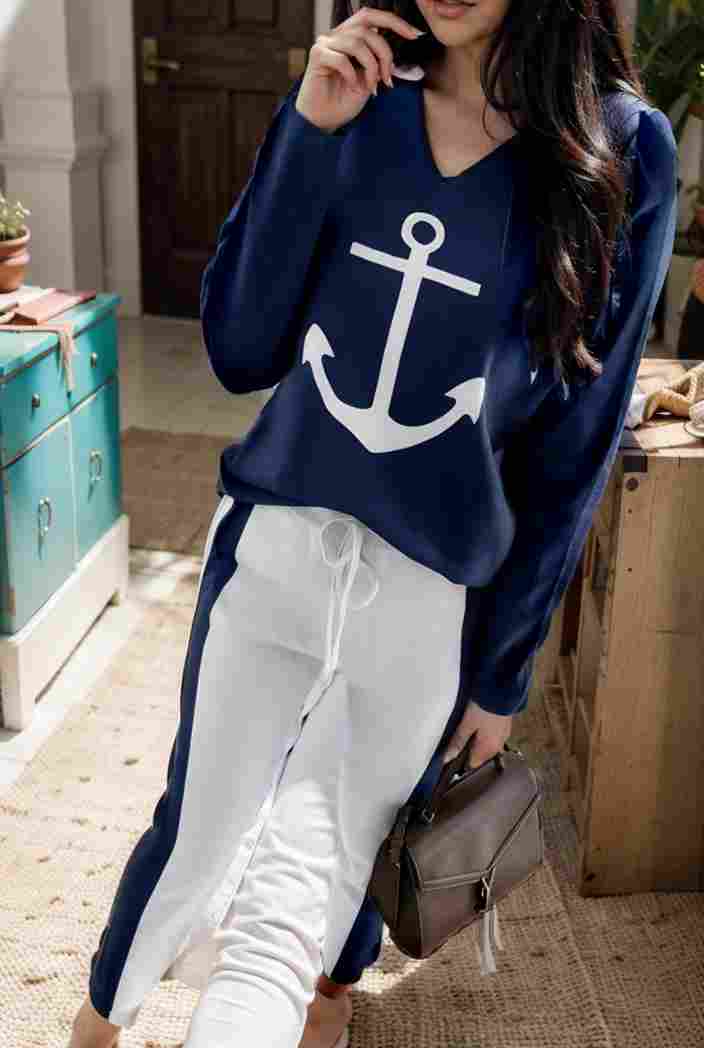 anchor print v neck long sleeve t shirt trousers two piece suit 108466