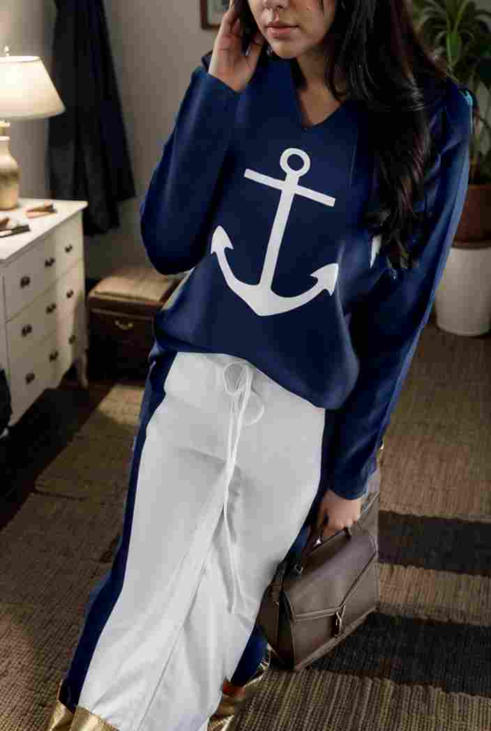 anchor print v neck long sleeve t shirt trousers two piece suit 112004