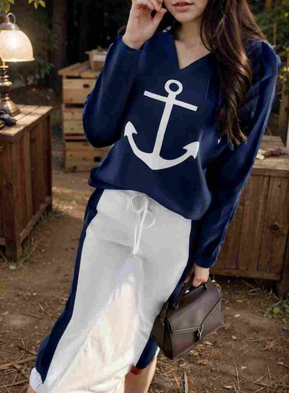 anchor print v neck long sleeve t shirt trousers two piece suit 112288