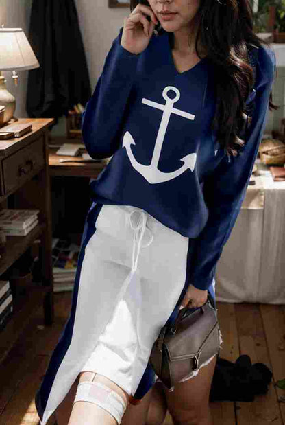 anchor print v neck long sleeve t shirt trousers two piece suit 116965