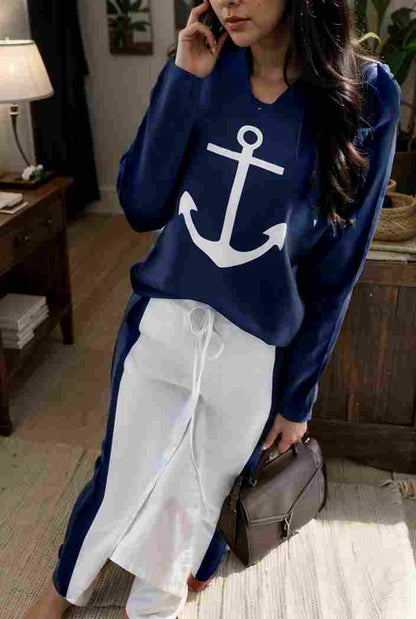 anchor print v neck long sleeve t shirt trousers two piece suit 122523