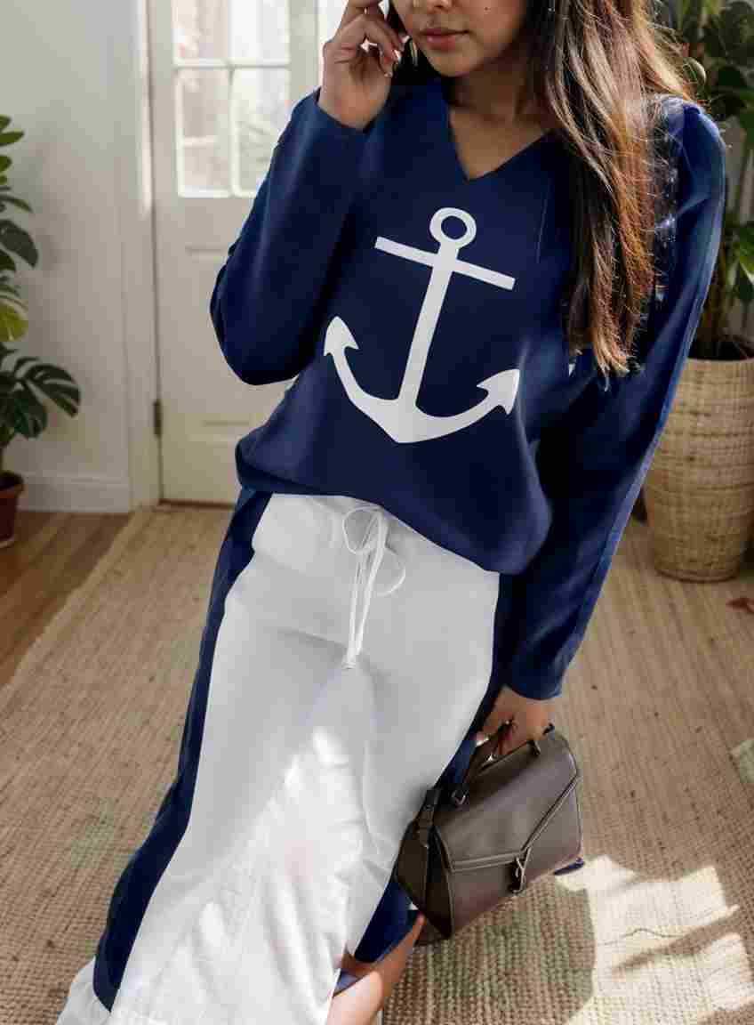 anchor print v neck long sleeve t shirt trousers two piece suit 100236