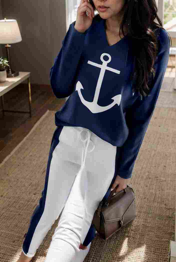 anchor print v neck long sleeve t shirt trousers two piece suit 138432