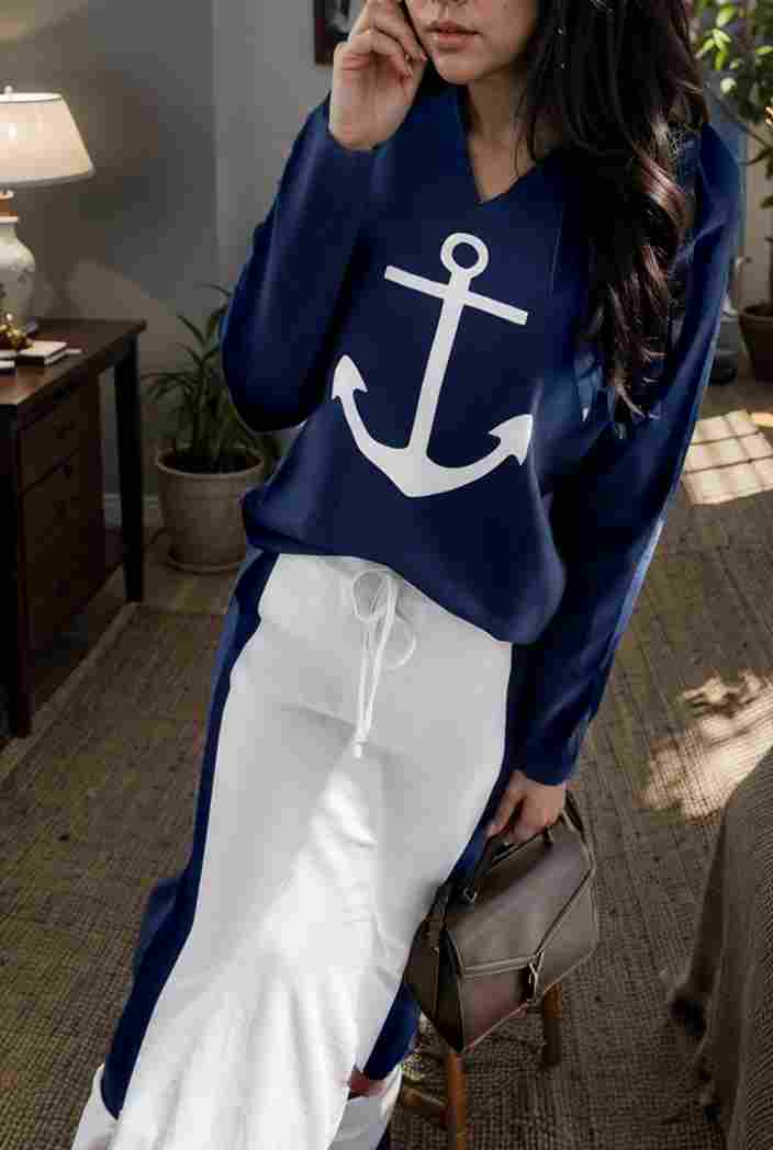 anchor print v neck long sleeve t shirt trousers two piece suit 118211