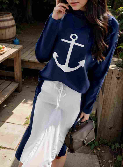 anchor print v neck long sleeve t shirt trousers two piece suit 103490