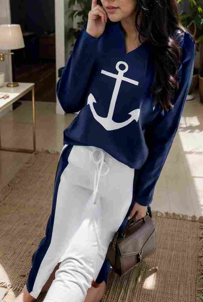 anchor print v neck long sleeve t shirt trousers two piece suit 103445