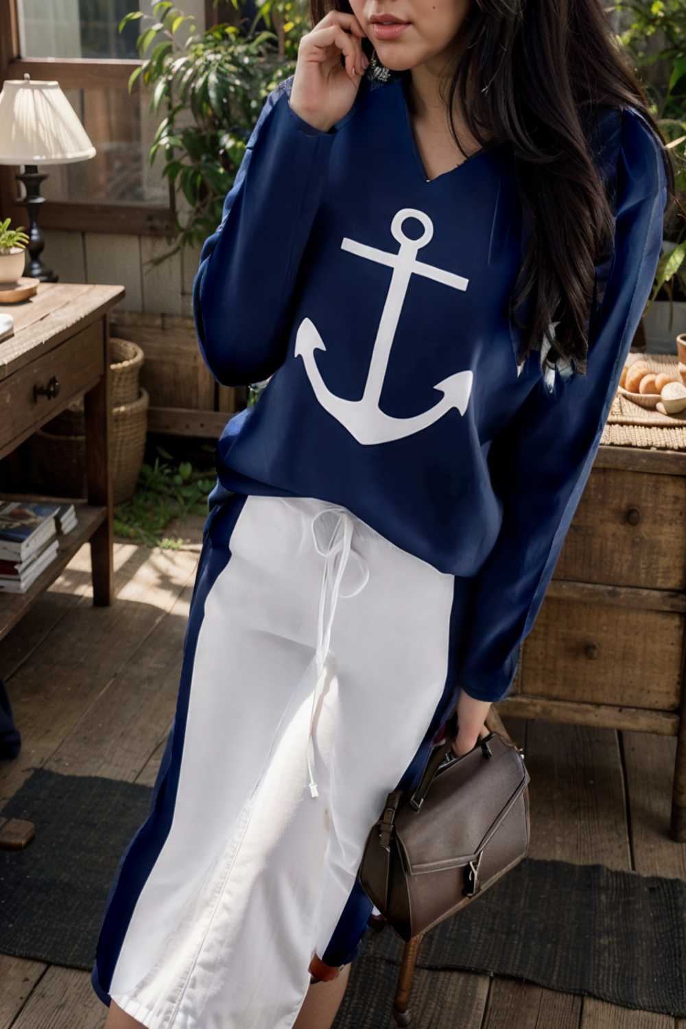 anchor print v neck long sleeve t shirt trousers two piece suit 124991