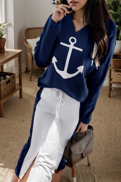 anchor print v neck long sleeve t shirt trousers two piece suit 102699