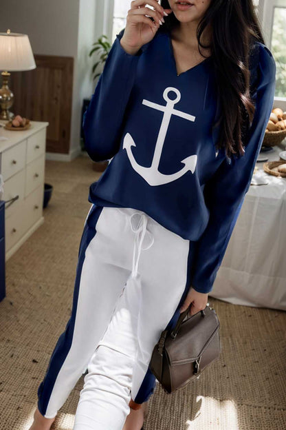 anchor print v neck long sleeve t shirt trousers two piece suit 142752