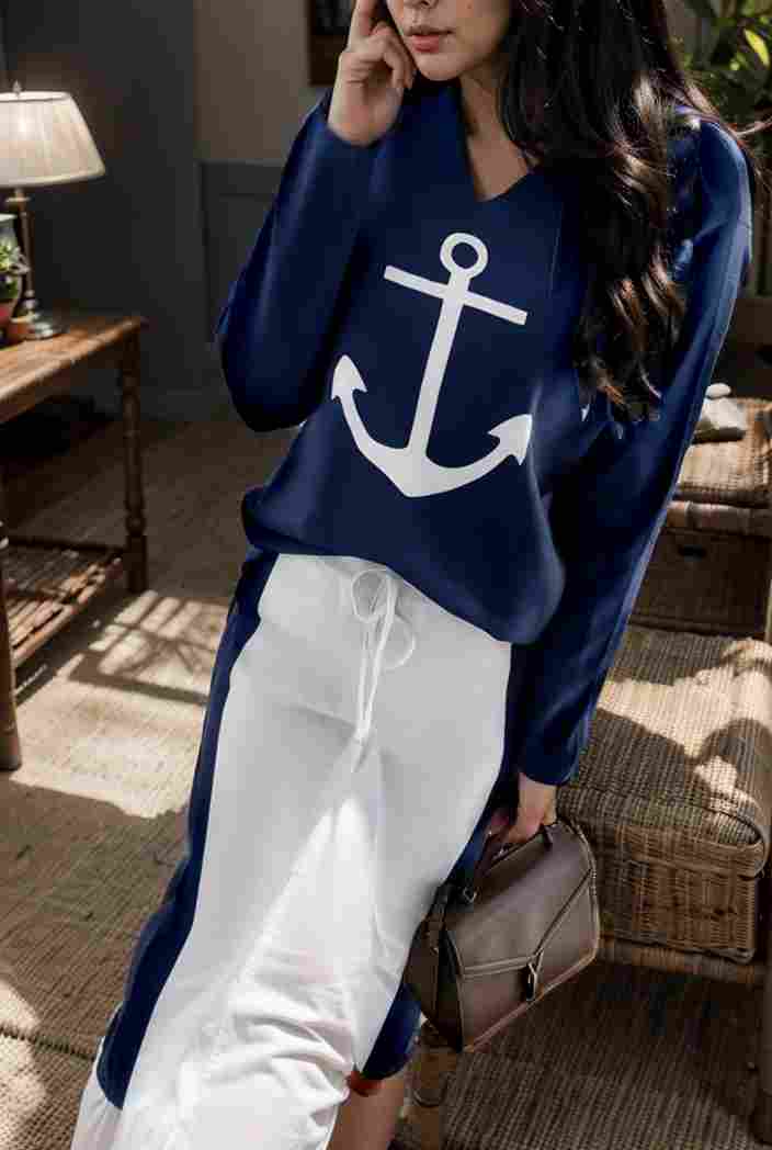 anchor print v neck long sleeve t shirt trousers two piece suit 112646