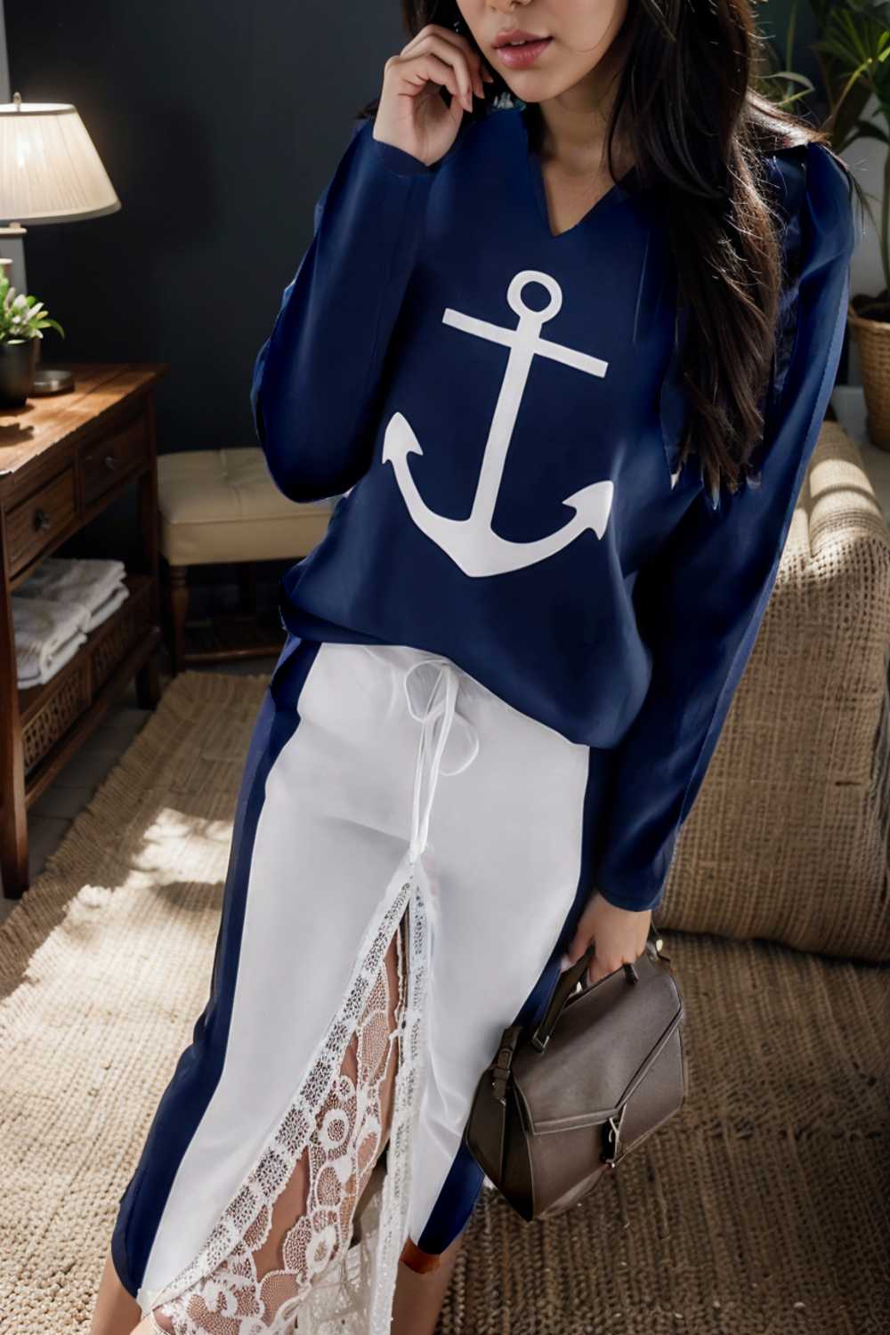 anchor print v neck long sleeve t shirt trousers two piece suit 145290