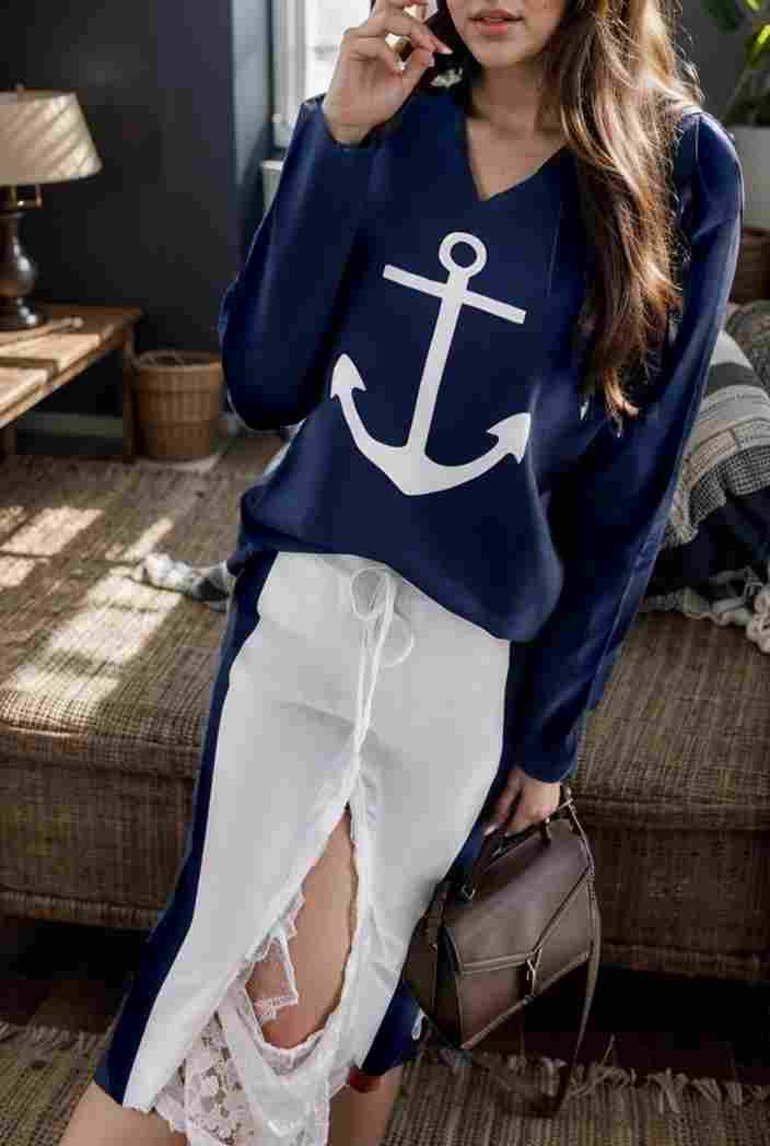 anchor print v neck long sleeve t shirt trousers two piece suit 118169