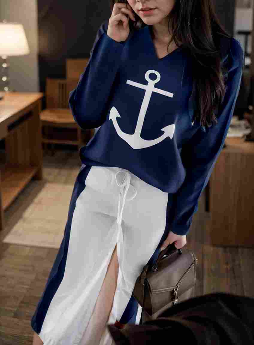 anchor print v neck long sleeve t shirt trousers two piece suit 135226