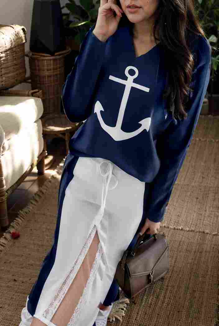 anchor print v neck long sleeve t shirt trousers two piece suit 116906