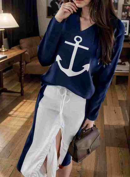 anchor print v neck long sleeve t shirt trousers two piece suit 136232