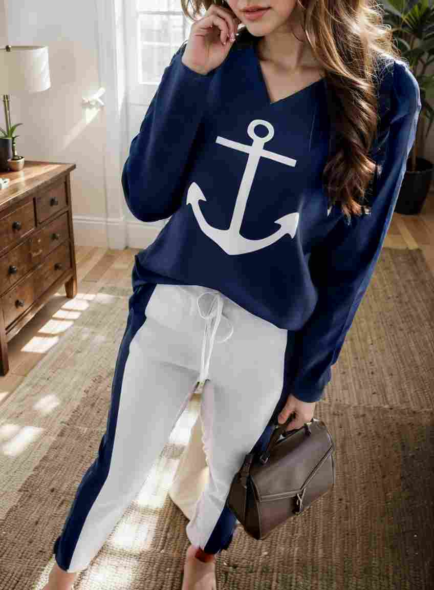 anchor print v neck long sleeve t shirt trousers two piece suit 124595