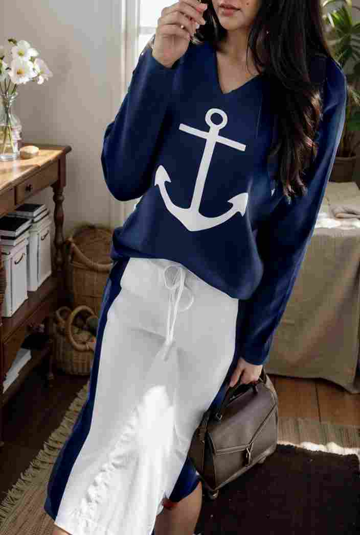 anchor print v neck long sleeve t shirt trousers two piece suit 121356