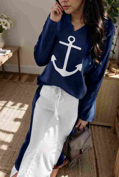 anchor print v neck long sleeve t shirt trousers two piece suit 131339