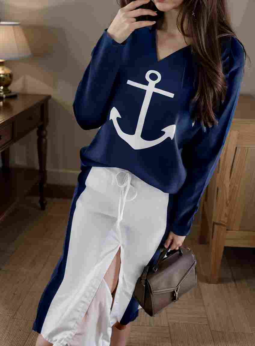 anchor print v neck long sleeve t shirt trousers two piece suit 143306