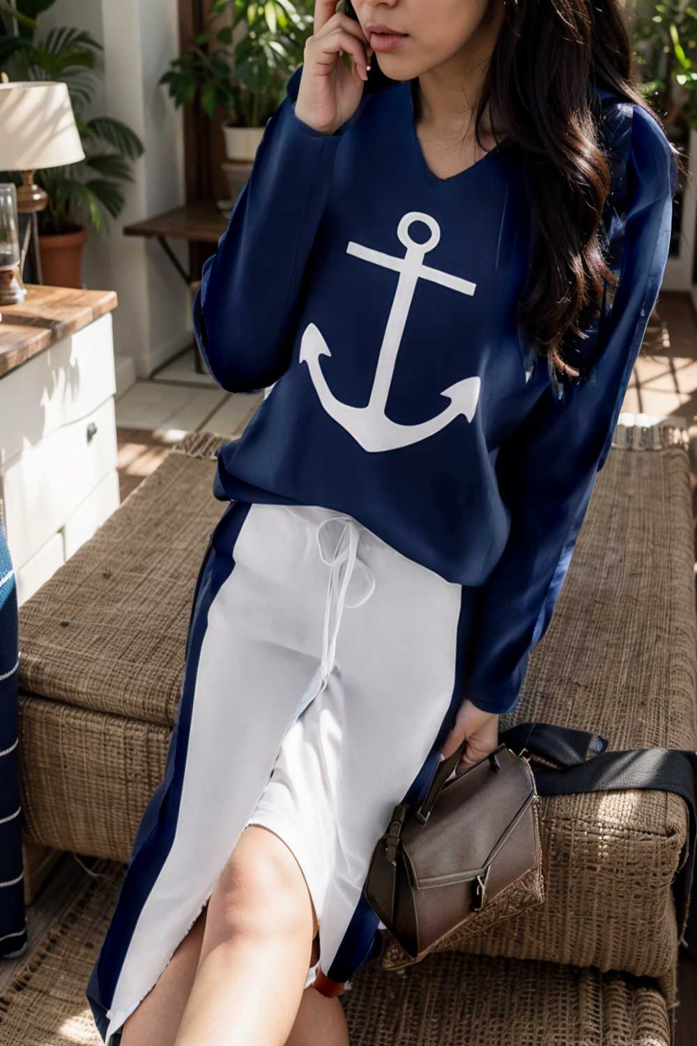 anchor print v neck long sleeve t shirt trousers two piece suit 103507