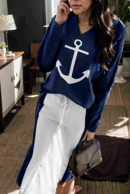 anchor print v neck long sleeve t shirt trousers two piece suit 145155