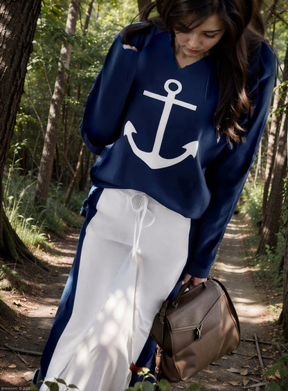 anchor print v neck long sleeve t shirt trousers two piece suit 124490