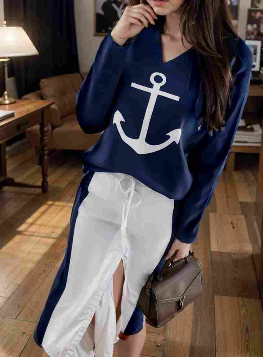 anchor print v neck long sleeve t shirt trousers two piece suit 115038