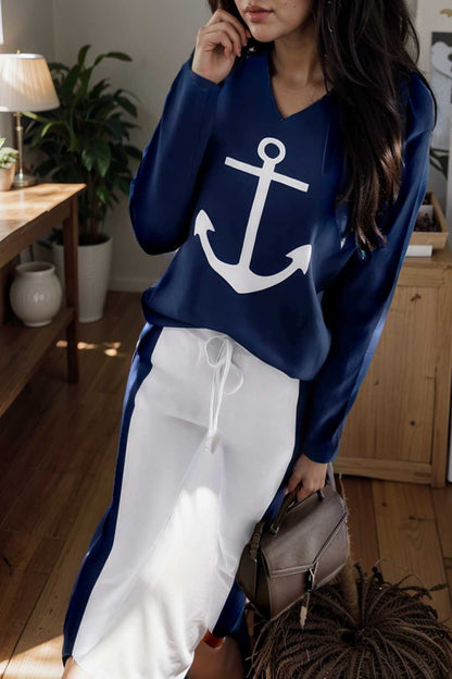 anchor print v neck long sleeve t shirt trousers two piece suit 111093