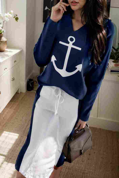 anchor print v neck long sleeve t shirt trousers two piece suit 126640