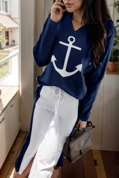 anchor print v neck long sleeve t shirt trousers two piece suit 104814