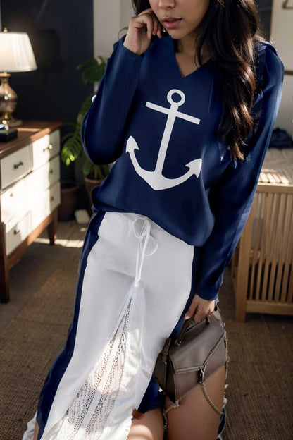 anchor print v neck long sleeve t shirt trousers two piece suit 122976