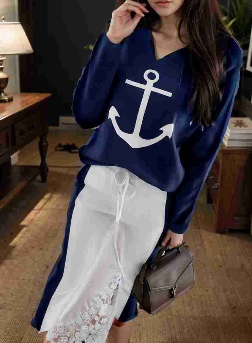 anchor print v neck long sleeve t shirt trousers two piece suit 101043