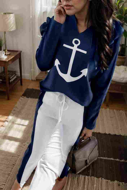 anchor print v neck long sleeve t shirt trousers two piece suit 103306