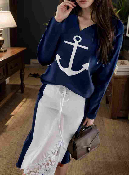 anchor print v neck long sleeve t shirt trousers two piece suit 143023