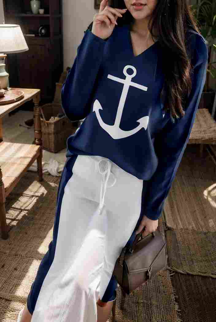 anchor print v neck long sleeve t shirt trousers two piece suit 102327