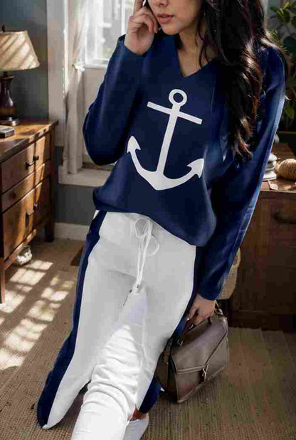 anchor print v neck long sleeve t shirt trousers two piece suit 139129