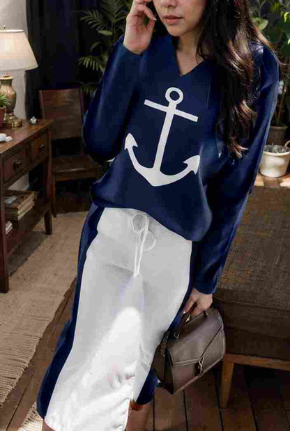 anchor print v neck long sleeve t shirt trousers two piece suit 149242