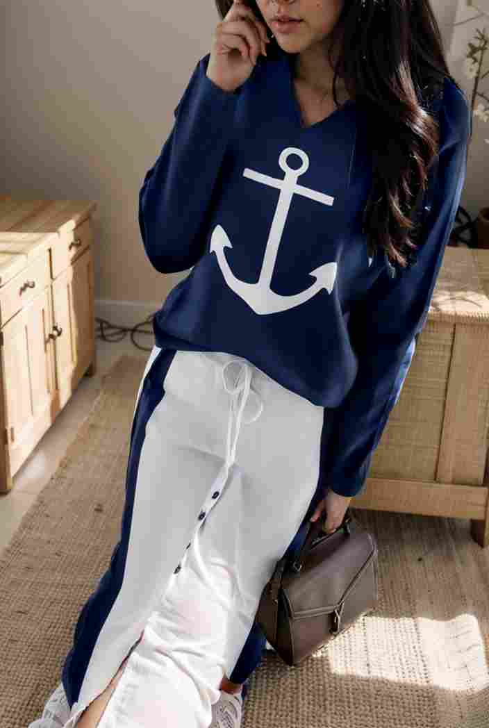 anchor print v neck long sleeve t shirt trousers two piece suit 140947