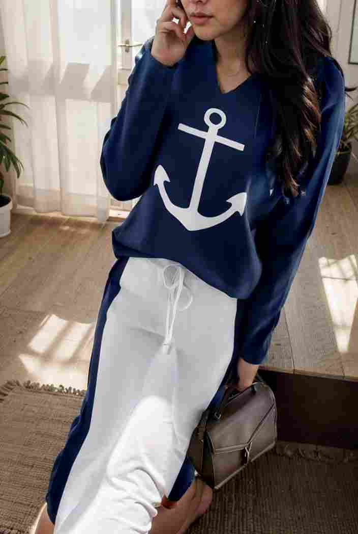 anchor print v neck long sleeve t shirt trousers two piece suit 137263