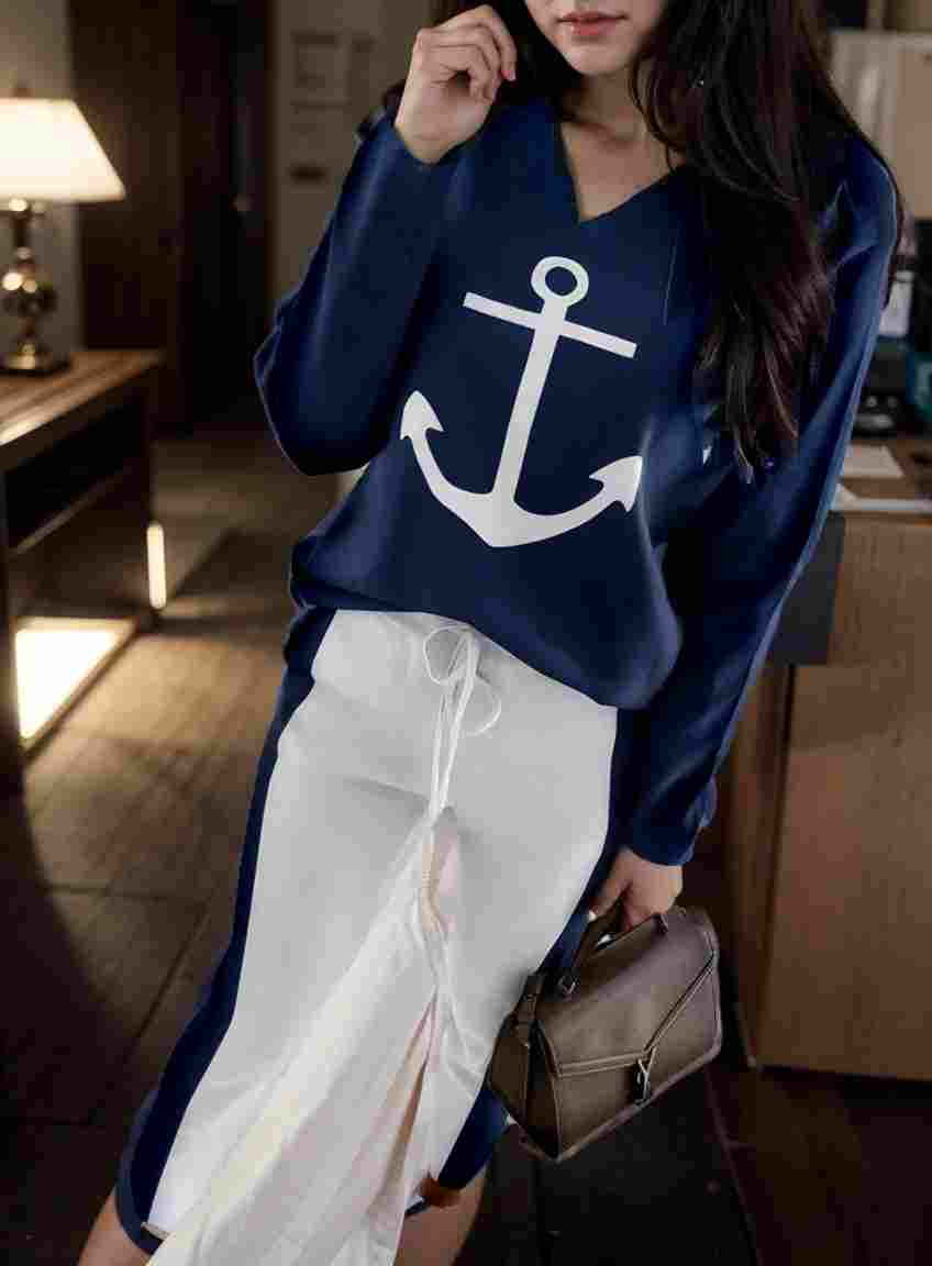 anchor print v neck long sleeve t shirt trousers two piece suit 123486