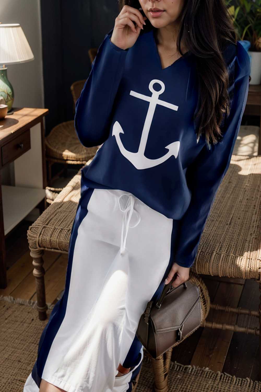 anchor print v neck long sleeve t shirt trousers two piece suit 137538