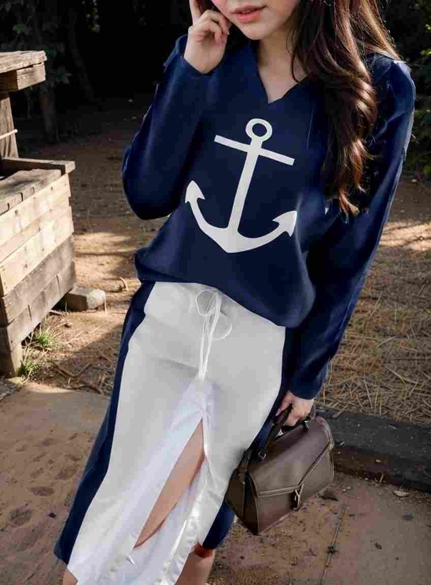 anchor print v neck long sleeve t shirt trousers two piece suit 100003