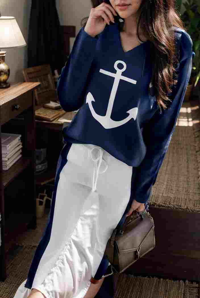 anchor print v neck long sleeve t shirt trousers two piece suit 110704