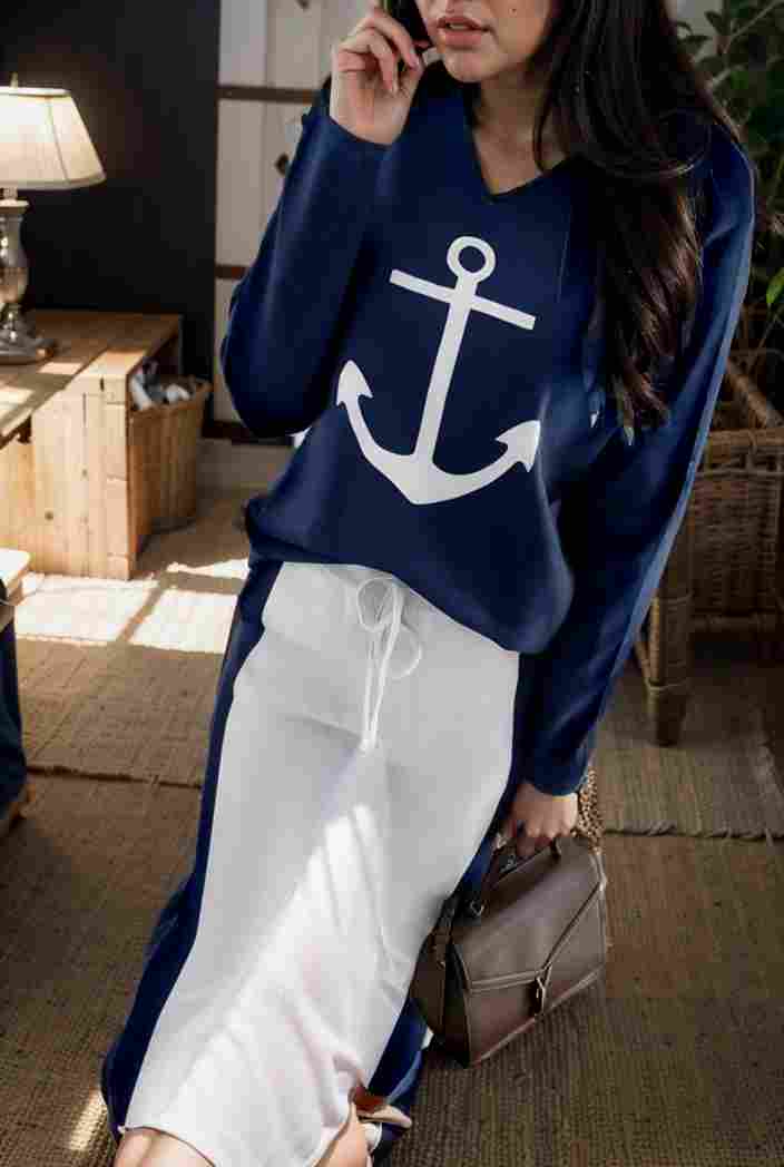 anchor print v neck long sleeve t shirt trousers two piece suit 114772