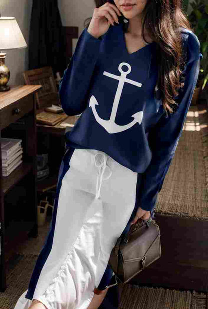 anchor print v neck long sleeve t shirt trousers two piece suit 147588