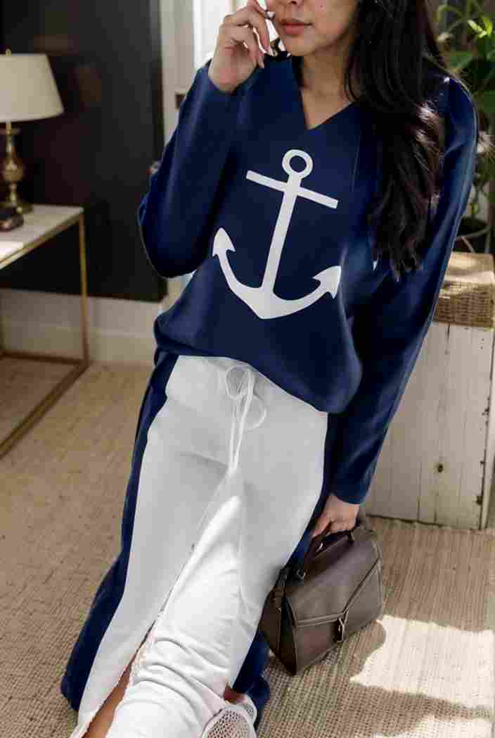 anchor print v neck long sleeve t shirt trousers two piece suit 116266