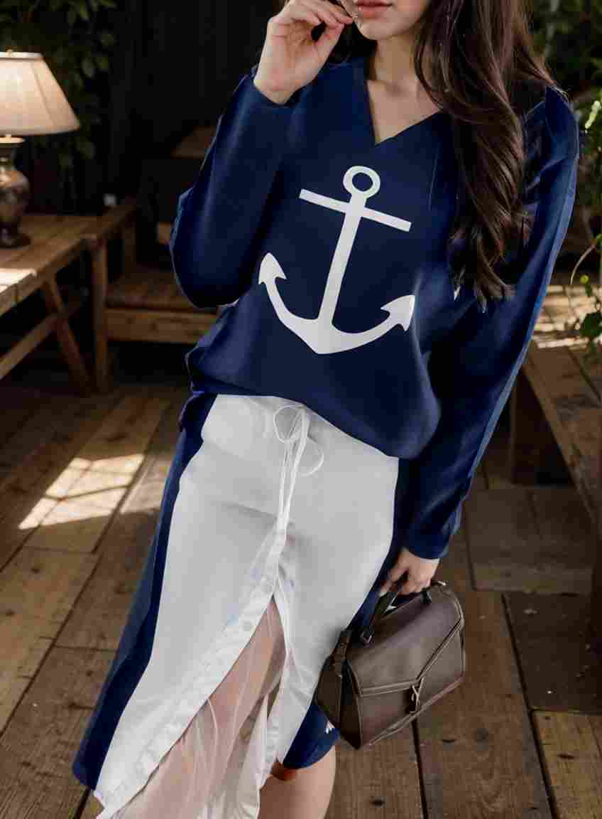 anchor print v neck long sleeve t shirt trousers two piece suit 124605