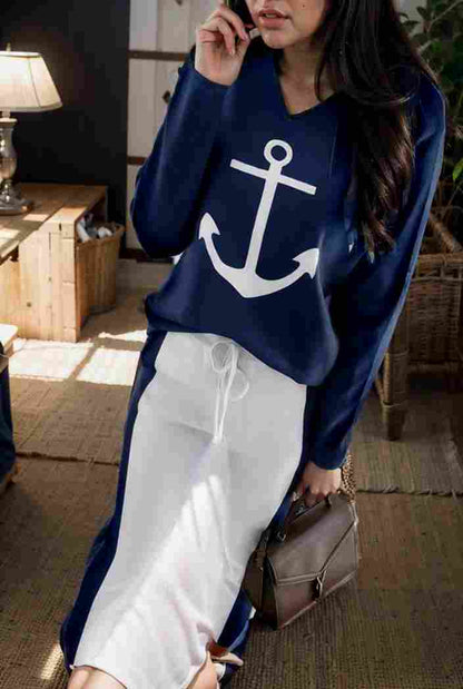 anchor print v neck long sleeve t shirt trousers two piece suit 108702