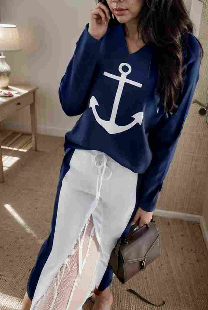 anchor print v neck long sleeve t shirt trousers two piece suit 123796